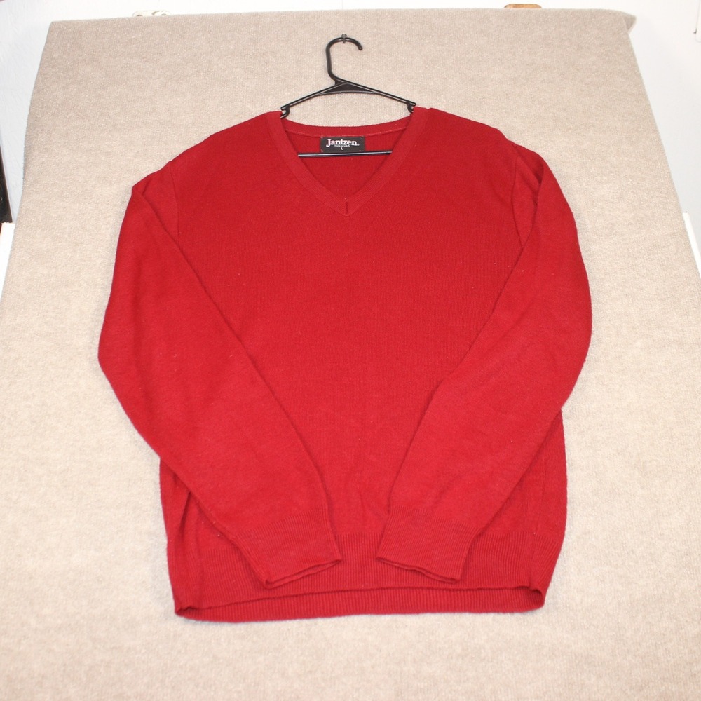 Vintage Jantzen Mens Red V-Neck Sweater Size L Orlon Acrylic Made in USA Knit